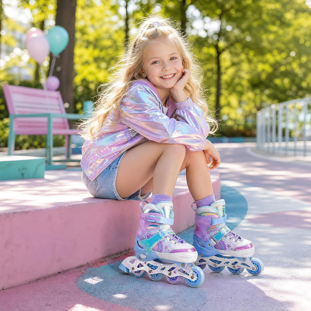 NEMONE Inliner für Mädchen Kinder 4 Grössen Verstellbar Blau Violett Inliner für Kinder Drinnen Drau