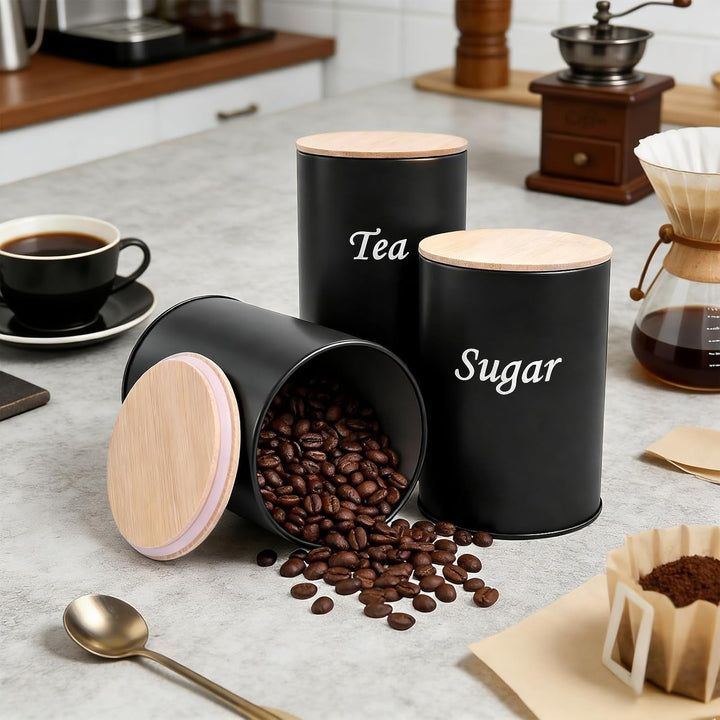 3 Stück Kaffeedose Luftdicht 500 ml Kaffeebohnen Behälter mit Holzdeckel, Kaffeedose Schwarz Matt Ka