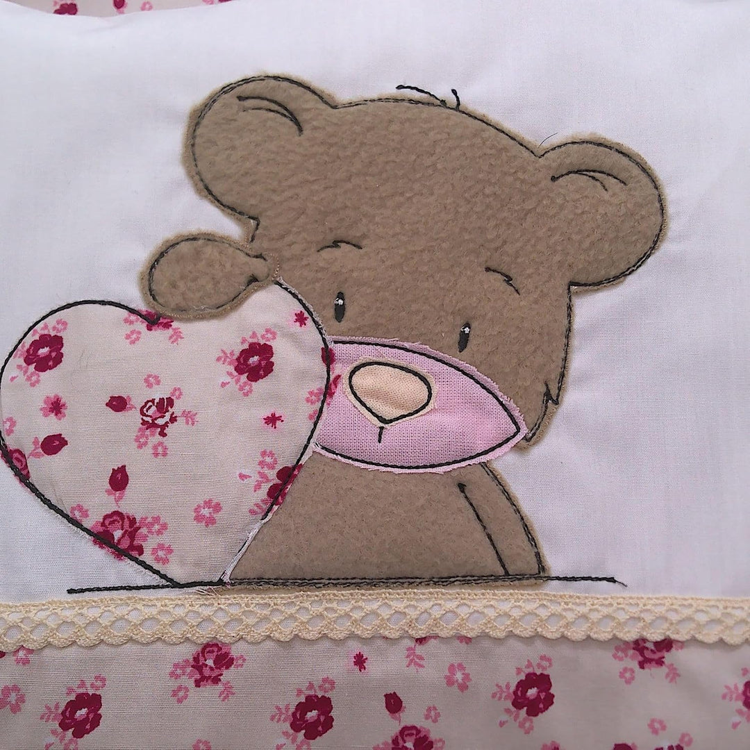 Puppenbettwäsche altrosa mit Teddy aus Fleece, Masse ca. Decke 40h x 33b, Kissen 20h x 24b cm.