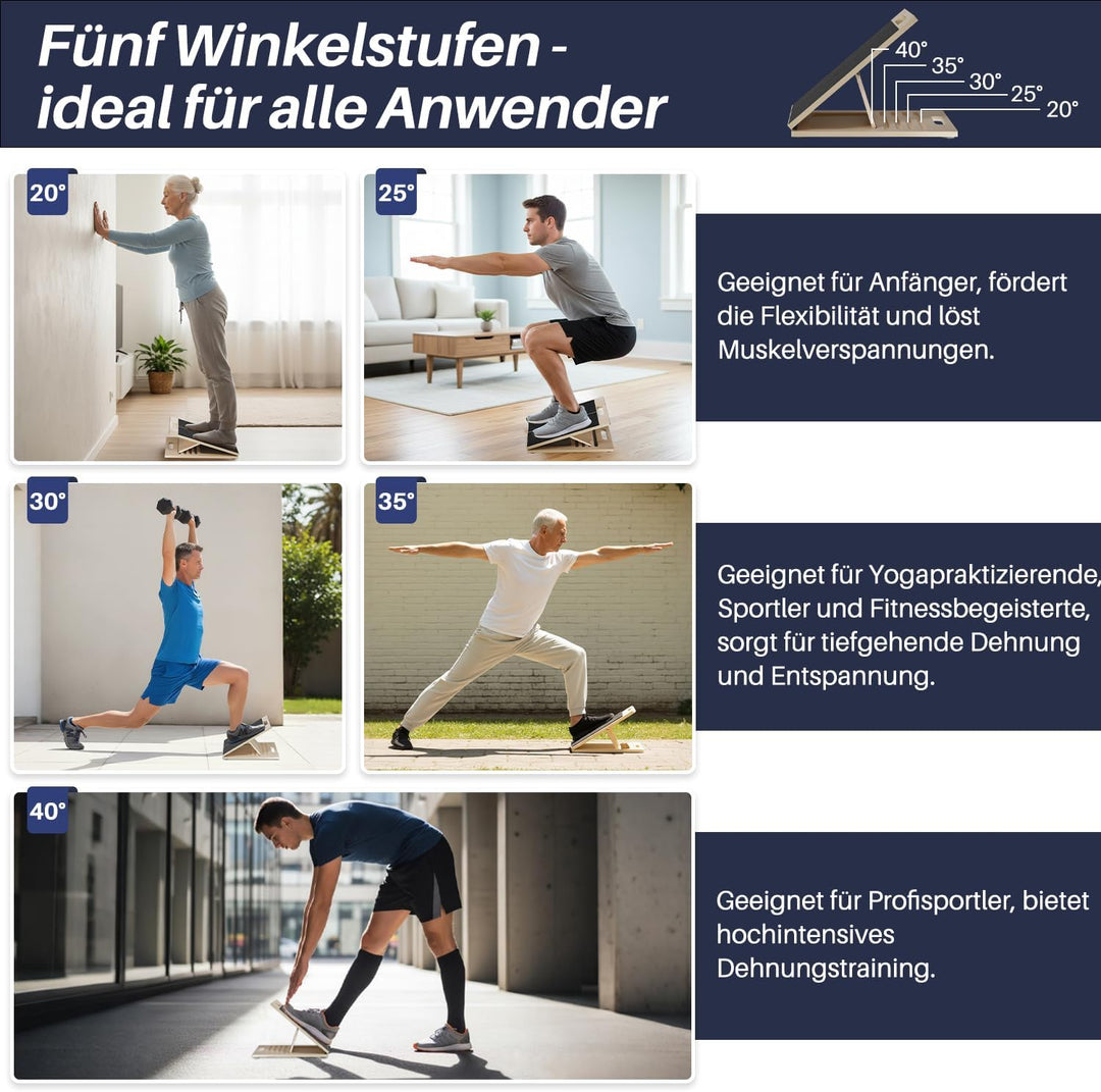Holz Wadendehner Schrägbrett, Verstellbar Slant Board mit 5 Winkeln & Griff, Rutschfestes Wadendehne