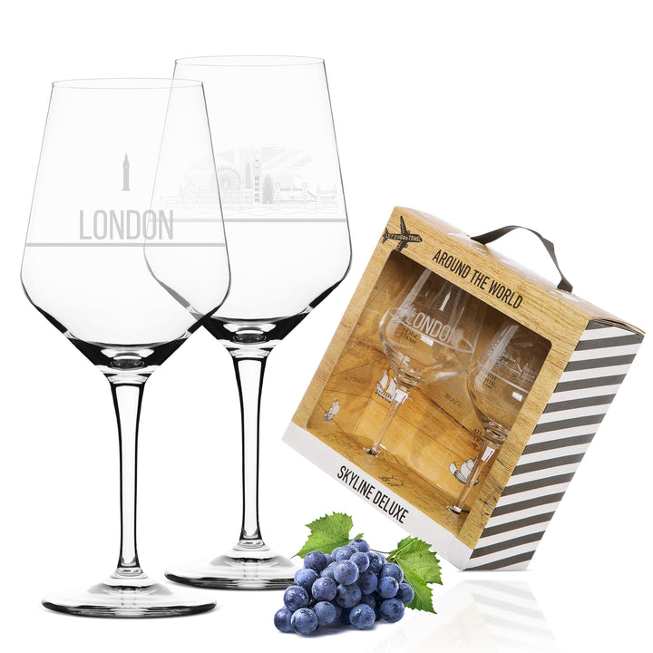 2er Set Weinglas London in schöner Geschenkbox | Hochwertiger Siebdruck im eleganten Ätzweiss, detai