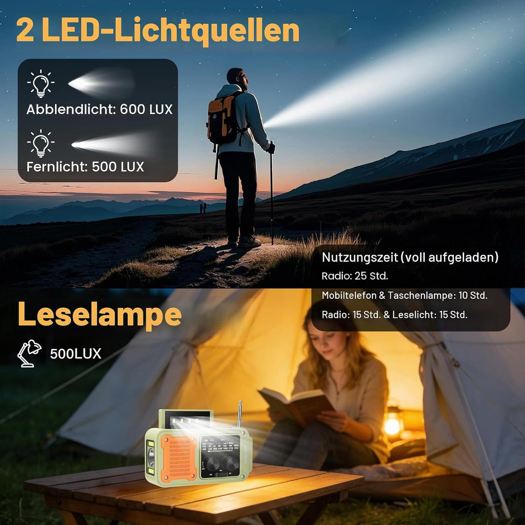 diymore Kurbelradio 2000mAh, Notfallradio mit Kurbel und Solar mit FM/AM/WB, Power Bank, LED Camping