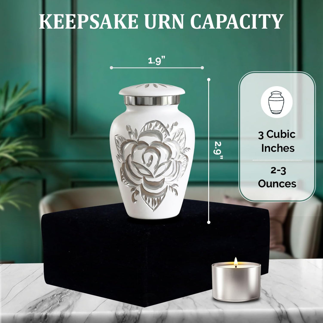Weisse Rosenurne – Kleine Urne für Asche – Weisse Miniurne mit Premium-Box und Tasche – Weisse Anden