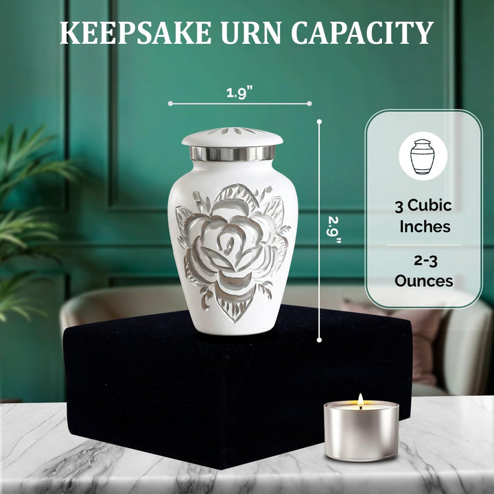 Weisse Rosenurne – Kleine Urne für Asche – Weisse Miniurne mit Premium-Box und Tasche – Weisse Anden