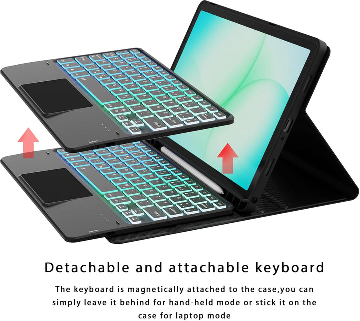 für 11 Zoll Samsung Galaxy Tab A9+ /A11+ Hülle mit QWERTZ Tastatur - Regenbogen-Hintergrundbeleuchtu