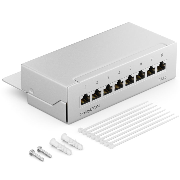 deleyCON CAT 6 Patchpanel Verteilerfeld 8 Port - Desktop & Wandmontage - Geschirmt - 8x RJ45 Buchse