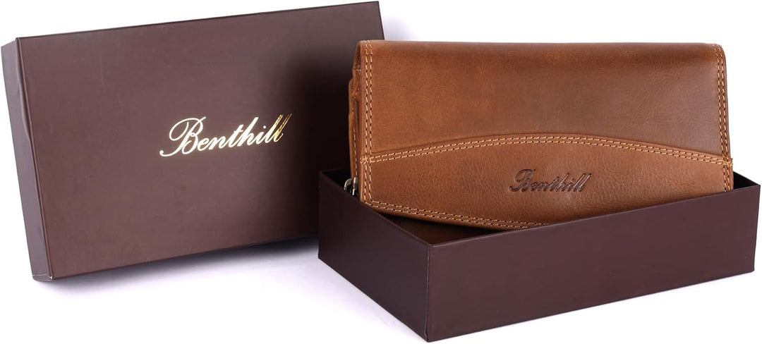 Benthill Geldbörse Gross Echt-Leder - Damen XL Portemonnaie mit RFID Schutz - Frauen Vintage Geldbeu