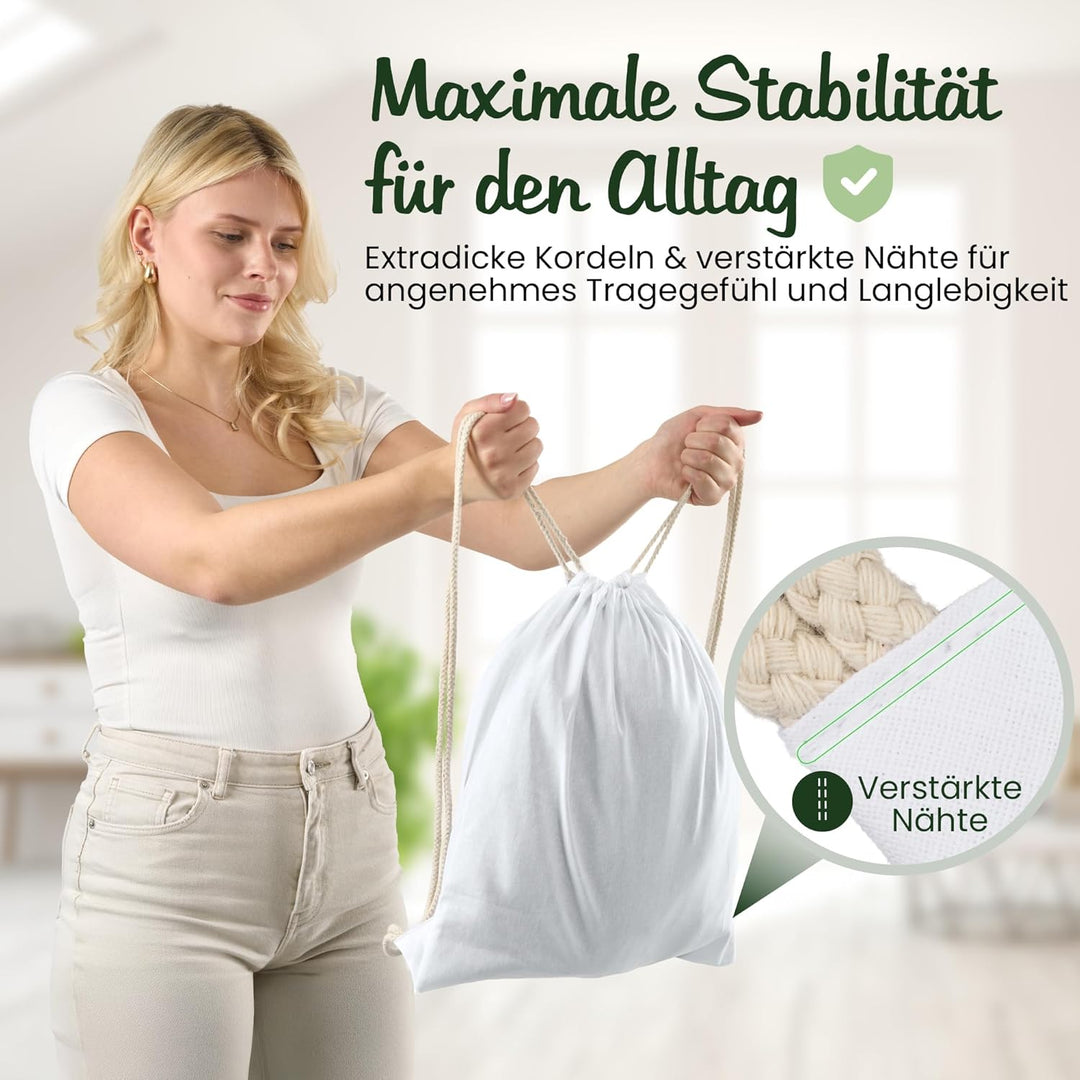 Baumwoll 10er Set Weisser Turnbeutel Sportbeutel Zuziehbeutel Gymsack Sack Jute Schule Rucksack, Wei