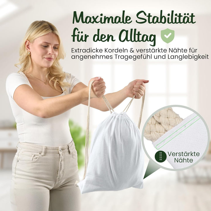 Baumwoll 10er Set Weisser Turnbeutel Sportbeutel Zuziehbeutel Gymsack Sack Jute Schule Rucksack, Wei