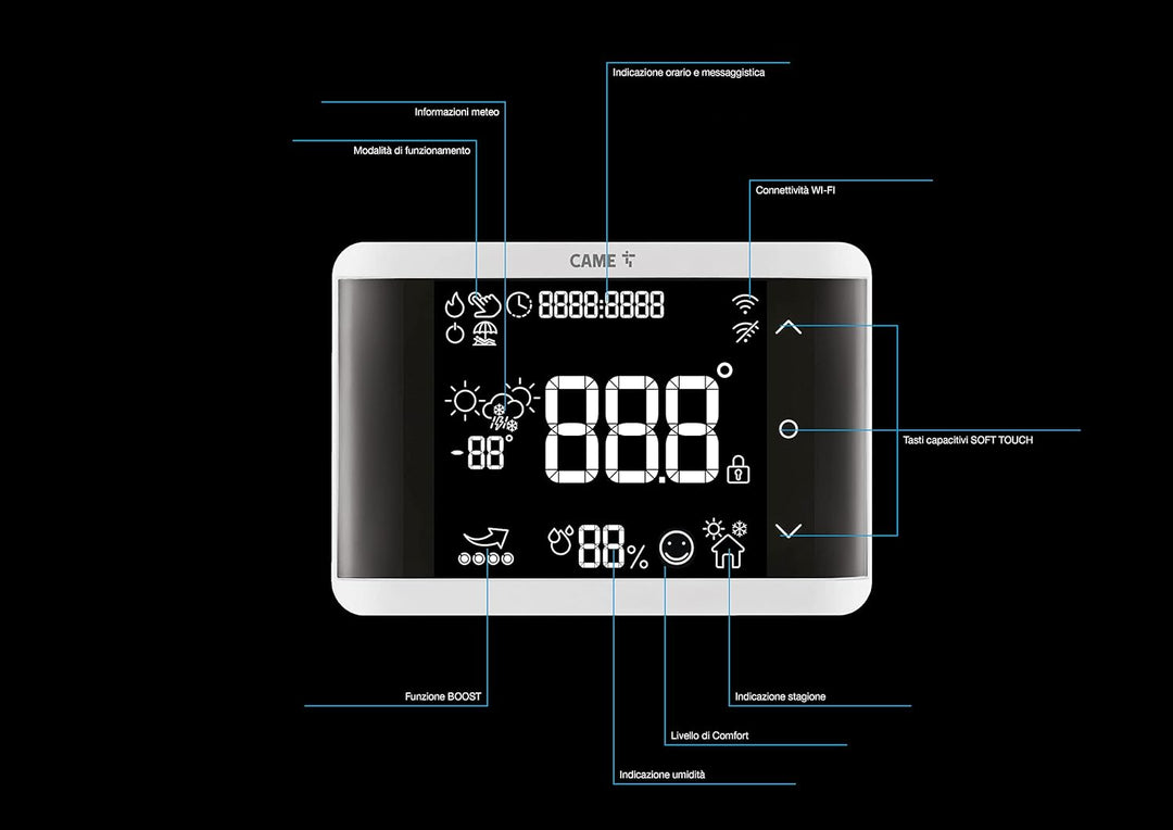 CAME Wand-Thermostat TH/750, WLAN, App und Touchscreen, Doppelrelais für Heizung und Klimatisierung,