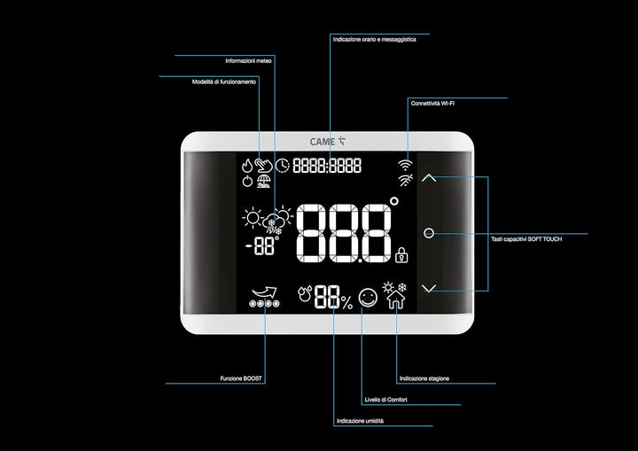CAME Wand-Thermostat TH/750, WLAN, App und Touchscreen, Doppelrelais für Heizung und Klimatisierung,