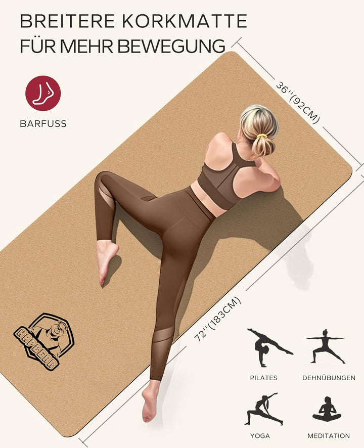 HAPBEAR Yogamatte Kork XXL- Extra Gross Yoga Matte Rutschfestes 183 x116 cm/183 x92cm- 6mm Dicke Däm