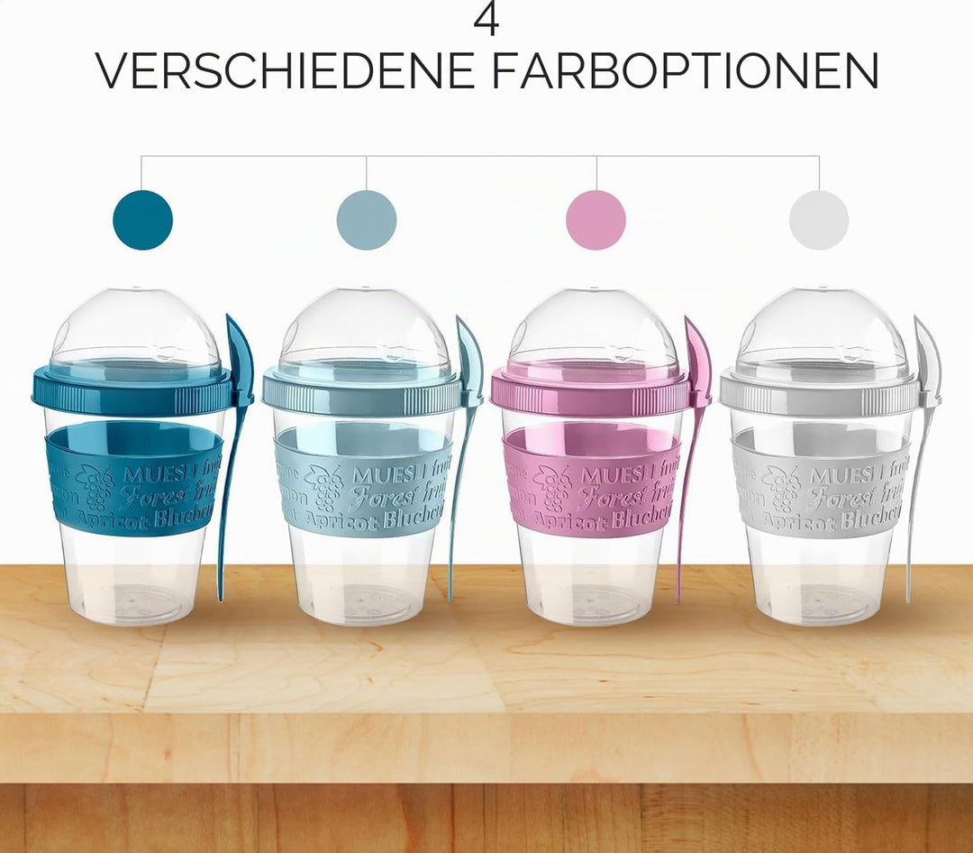 Bergmann Joghurtbecher To Go 600ml 4er Set – Müslibecher To Go mit Löffel Müsli To Go Becher mit Dec