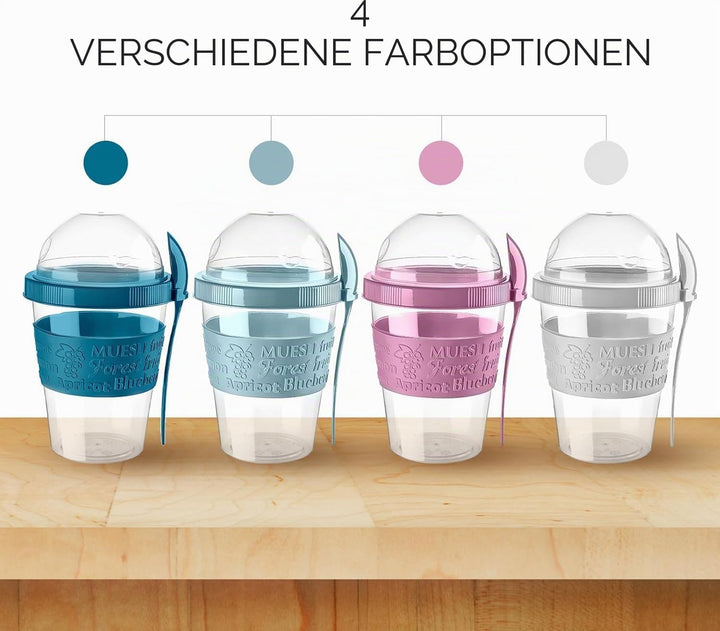 Bergmann Joghurtbecher To Go 600ml 4er Set – Müslibecher To Go mit Löffel Müsli To Go Becher mit Dec