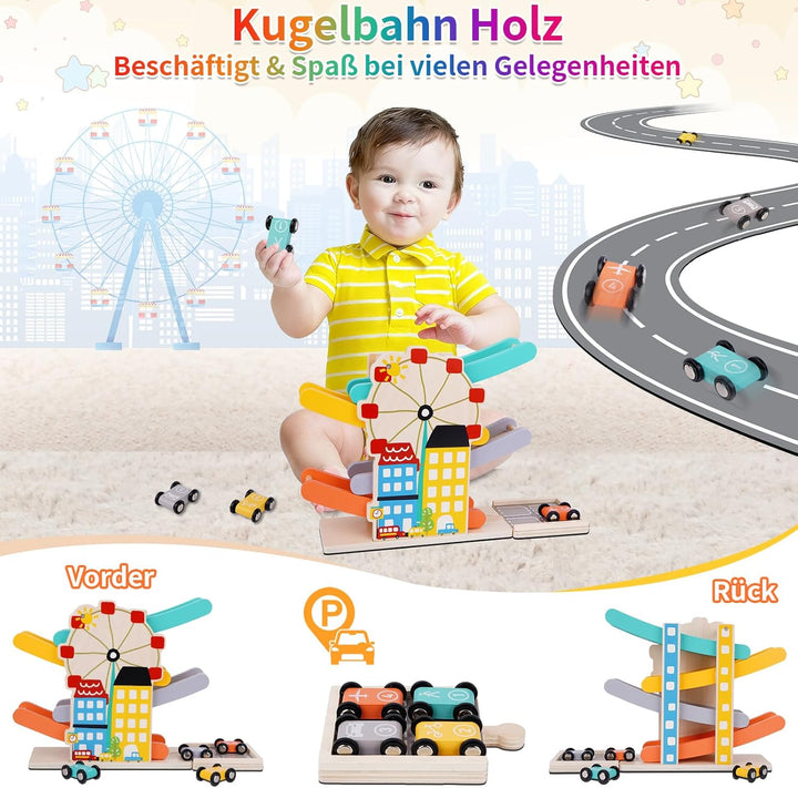 FCSONU Kinder Montessori Spielzeug ab 1-4 Jahre, Autorennbahn/Murmelbahn/Kugelbahn Holz ab 1 Jahr, K
