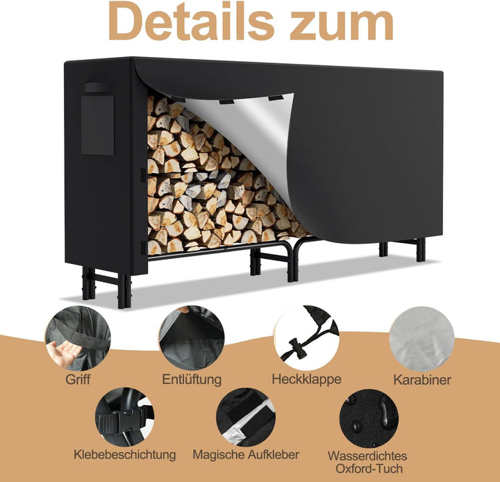 Randaco Kaminholzregal mit Schutzhülle Stahlrahmen, Brennholzregal Aus Schwarzem Metall, Holzscheite