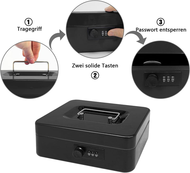 Geldkassette aus Stahl mit Zahlenschloss, kleine Geldkassette aus Metall mit abnehmbarem Geldfach, G