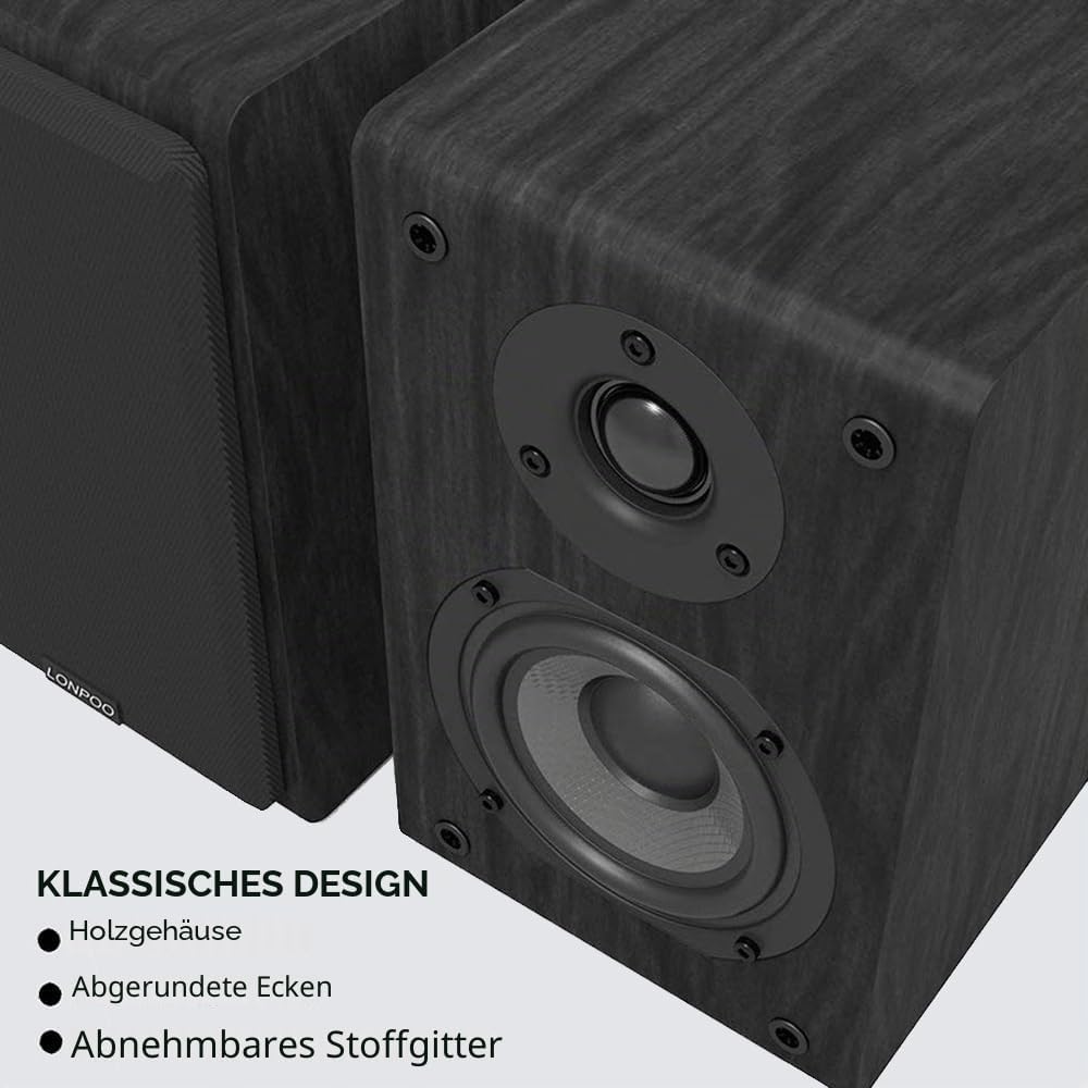 LONPOO 2-Wege Passive Regal-Lautsprecher, 75W RMS Klassische Holz-Lautsprecher mit 4-Zoll Kohlefaser