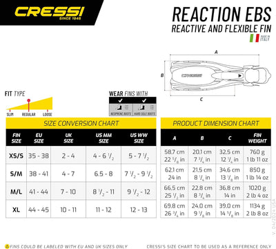 Cressi Reaction EBS Fins - Hochleistungstauchflossen mit EBS Strap L/XL (45/47) Schwarz/Silber, L/XL