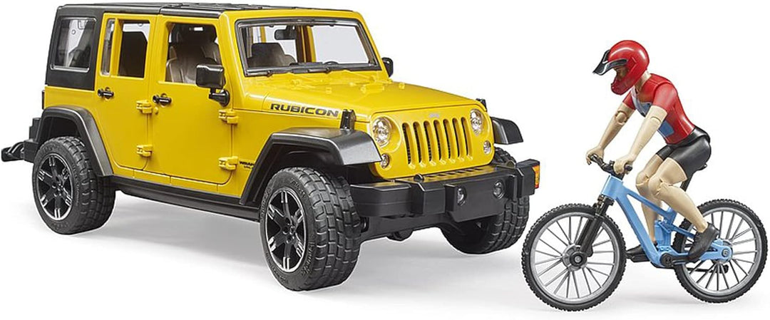 bruder 02543 - Jeep Wrangler Rubicon Unlimited mit Mountainbike &amp; Radfahrer- 1:16 Geländewagen Fahrr