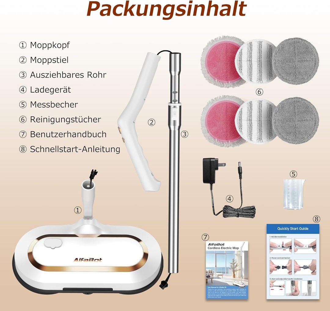 AlfaBot S2 Kabellos Elektrischer Mopp, bodenreiniger Spin Mop, Elektrischer Mop mit Sprühfunktion un