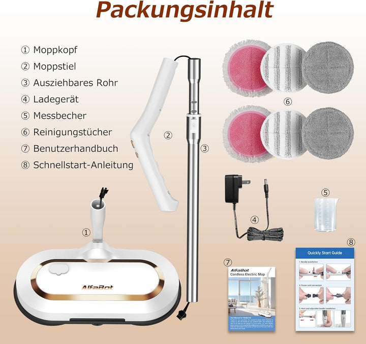 AlfaBot S2 Kabellos Elektrischer Mopp, bodenreiniger Spin Mop, Elektrischer Mop mit Sprühfunktion un