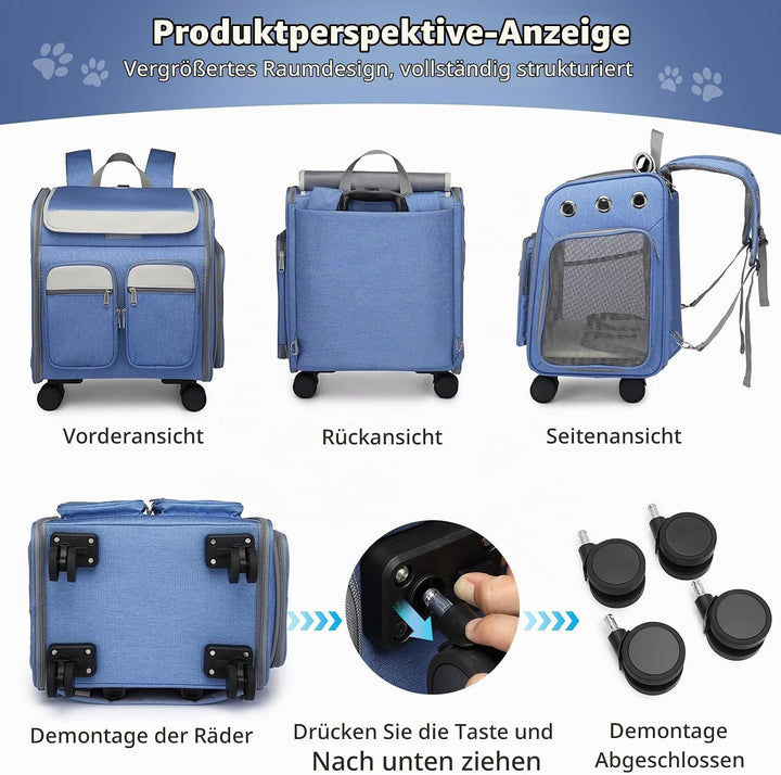PETCUTE Katzenrucksack Hunderucksack mit Trolley 2 in 1 bis 11 kg,Faltbarer Hundetrolley mit 4 Räder