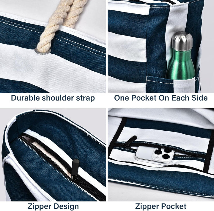 oscaurt Strandtasche Badetasche Wasserdicht Streifen Strandtasche XXL Familie mit Reissverschluss mi