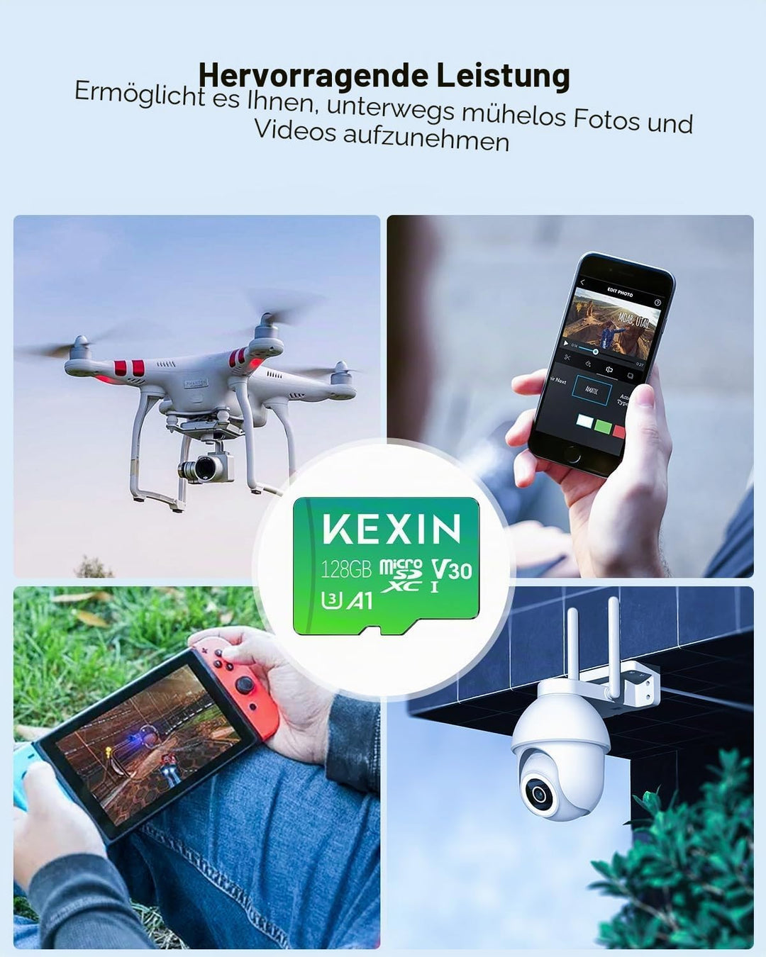 KEXIN 128GB Micro SD Karte 2er-Pack MicroSDXC C10 U3 V30 A1, Bis 90MB/s Lesegeschwindigkeit 4K UHD,