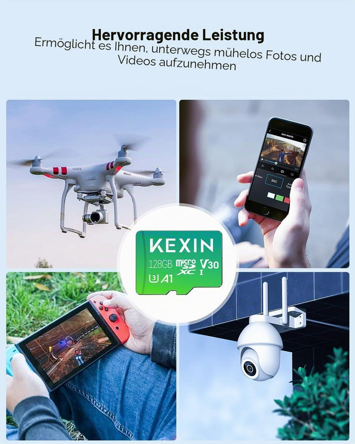 KEXIN 128GB Micro SD Karte 2er-Pack MicroSDXC C10 U3 V30 A1, Bis 90MB/s Lesegeschwindigkeit 4K UHD,