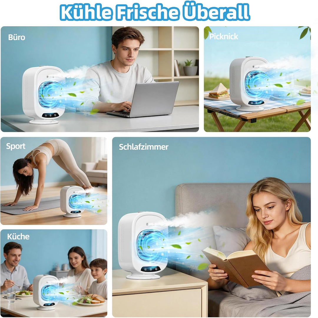 Mobile Klimaanlage, Mini Luftkühler mit 800mL Wassertank, 3 Geschwindigkeiten, 2 Sprühmodus, Mobil K