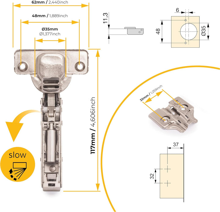 Emuca 1011407 Pack aus 20 Topfscharnieren Ø35mm 100° mit sanftem Verschluss für sich halb überlappen