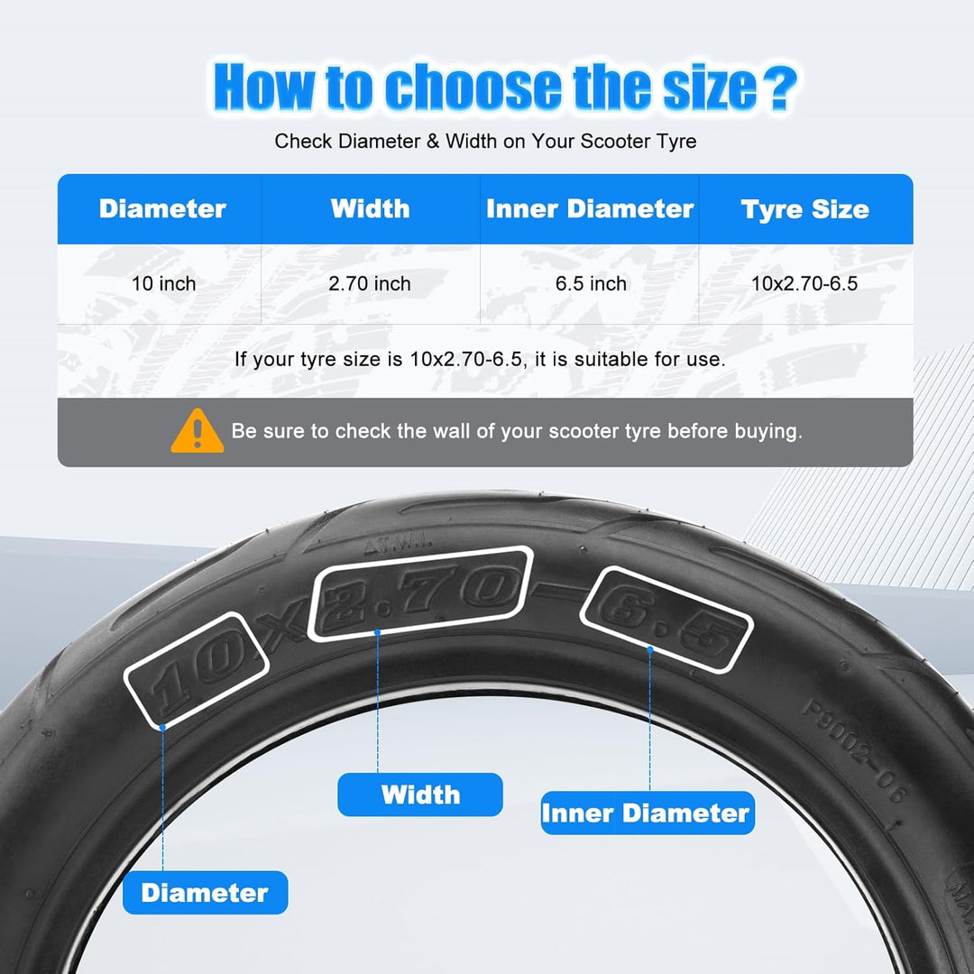 E Scooter Reifen 10x2.70-6.5 Schlauchlos Tubeless mit Ventil, Langlebig & Verschleissfester, Gute Gr