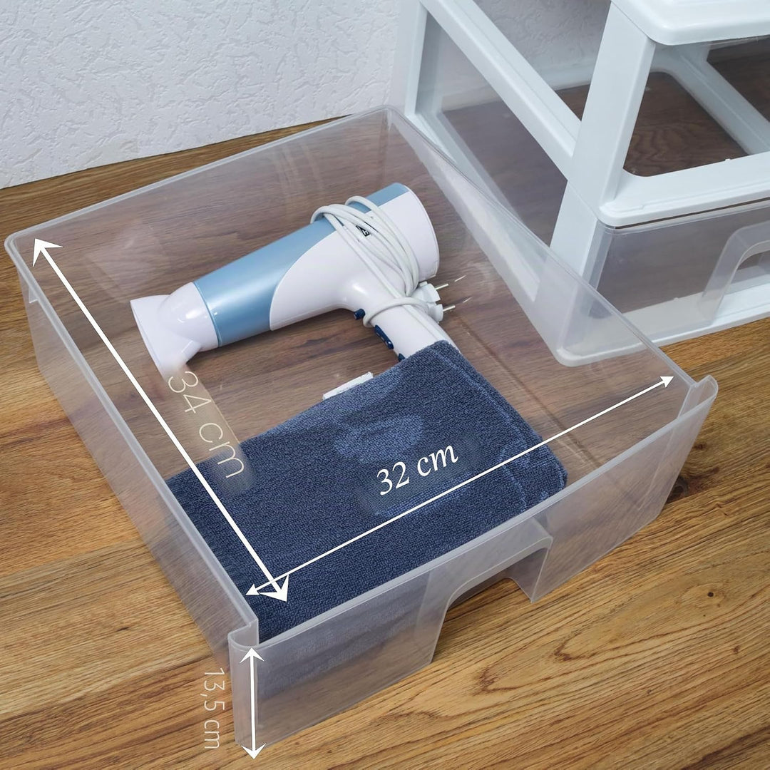 Hummelladen Schubladenbox mit 3 grossen Schubladen 38x37x47 cm - Weiss-transparent Kunststoff Drawer