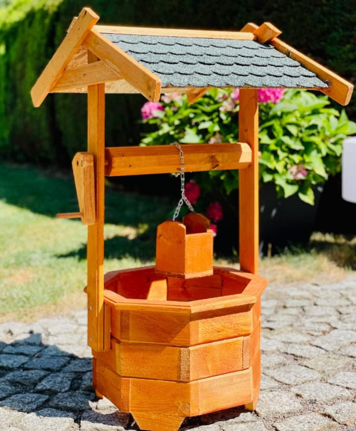 Grosser achteckiger Gartenbrunnen aus Holz, braun/grün, Höhe 84 cm, für Garten/Aussenbereich, lasier