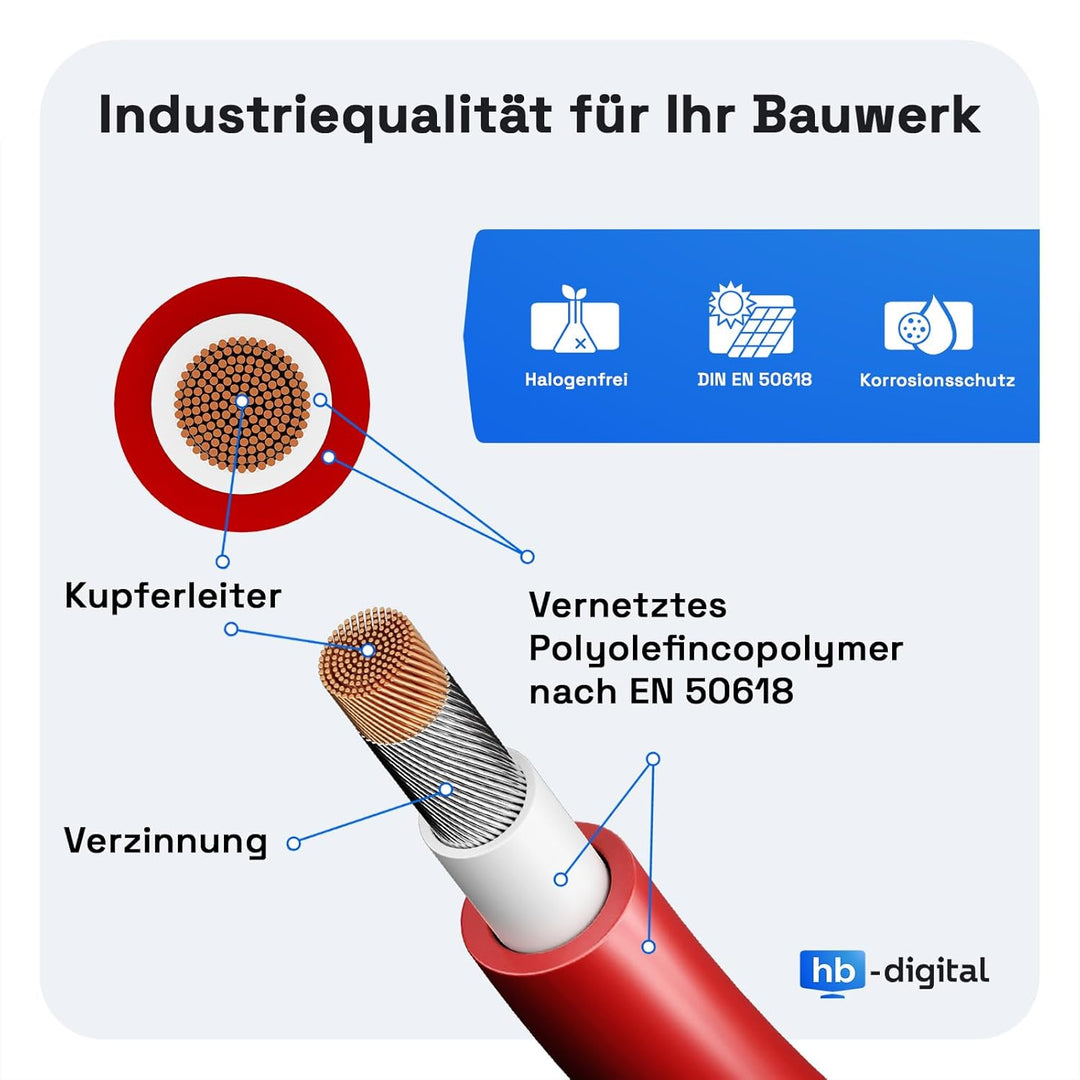 HB-DIGITAL 10m Solarkabel 6mm² H1Z2Z2-K inkl. 0% MwSt. gem. § 12 Abs. 3 UStG - TÜV Rheinland zertifi