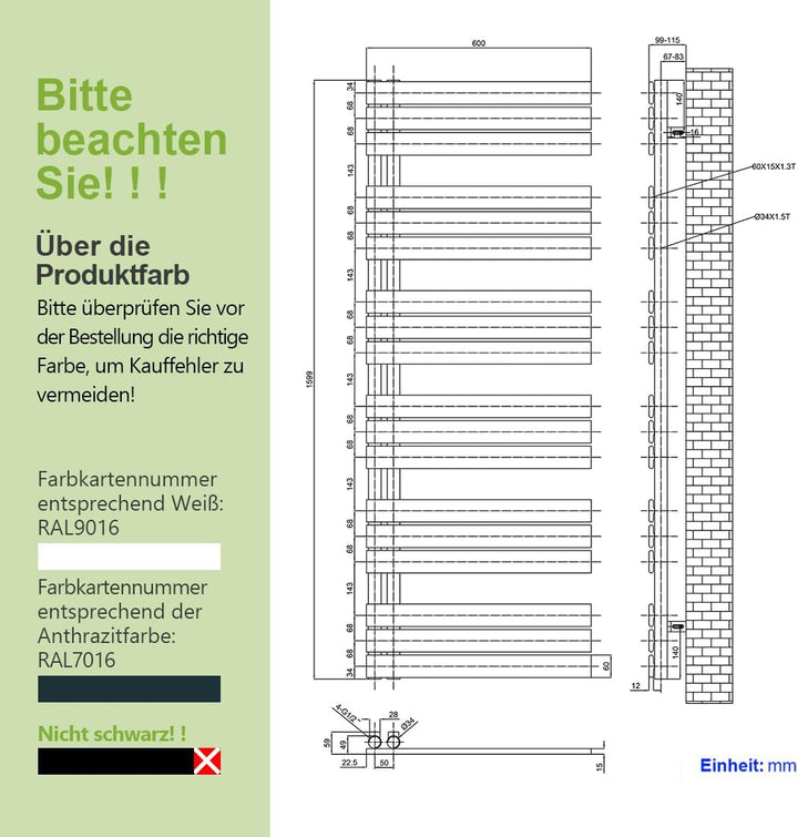 S'AFIELINA Badheizkörper Paneel Heizkörper Bad 1599x600mm Handtuchheizkörper 1005W, Handtuchtrockner