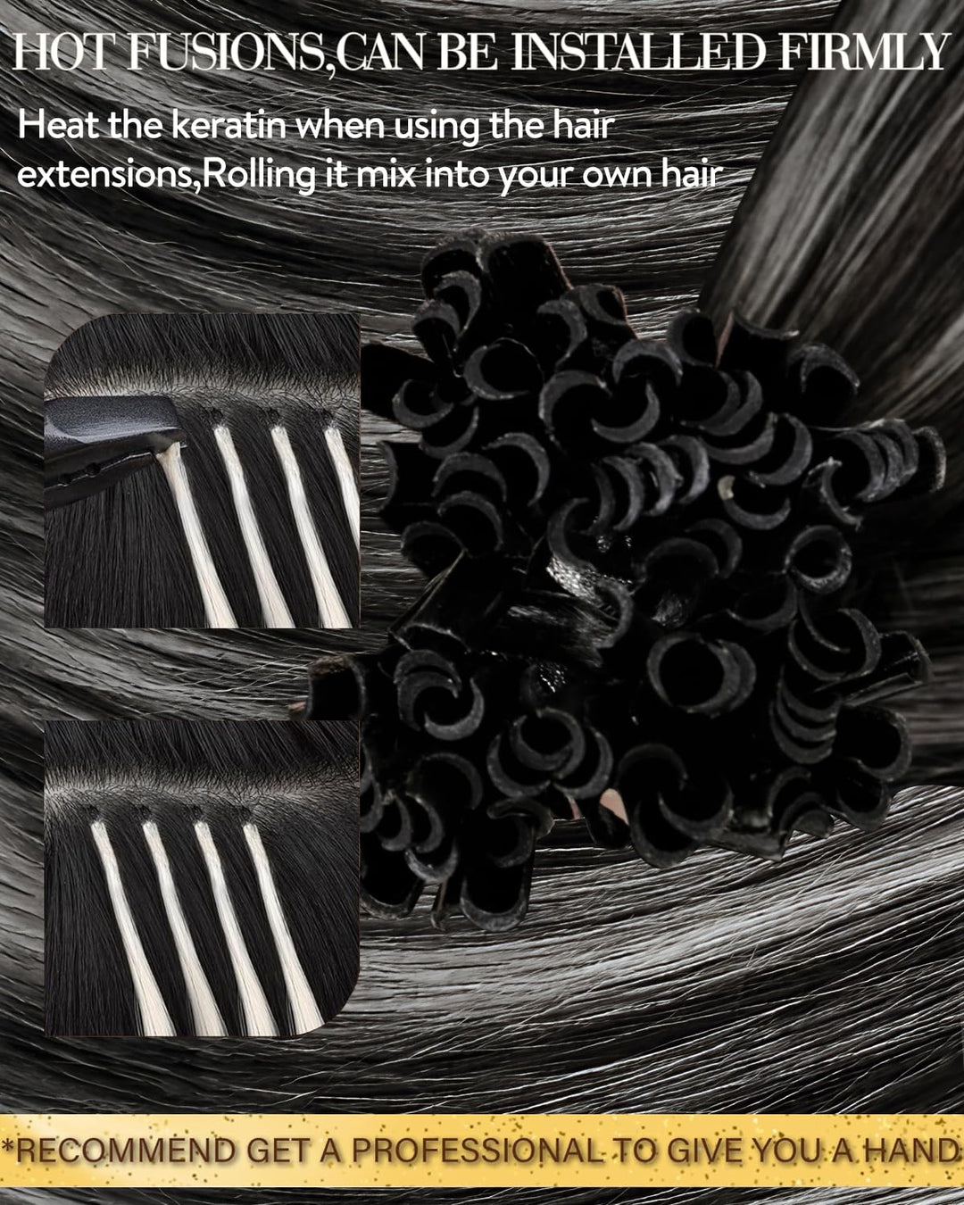 Hetto Extensions Echthaar Bondings Balayage Schwarz & Silber 40cm 50 Stück 1g/Stück – Natürliche Str