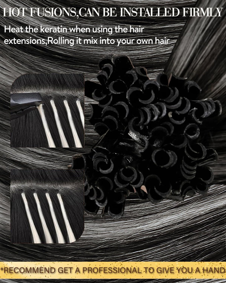Hetto Extensions Echthaar Bondings Balayage Schwarz & Silber 40cm 50 Stück 1g/Stück – Natürliche Str