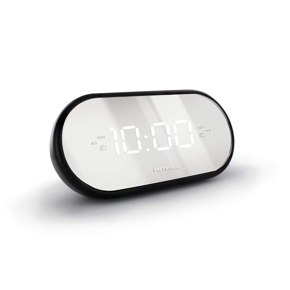 Metronic 477037 FM-Radiowecker, Spiegel, Doppelalarm, mit Sleep/Snooze-Funktion, einstellbare Hellig