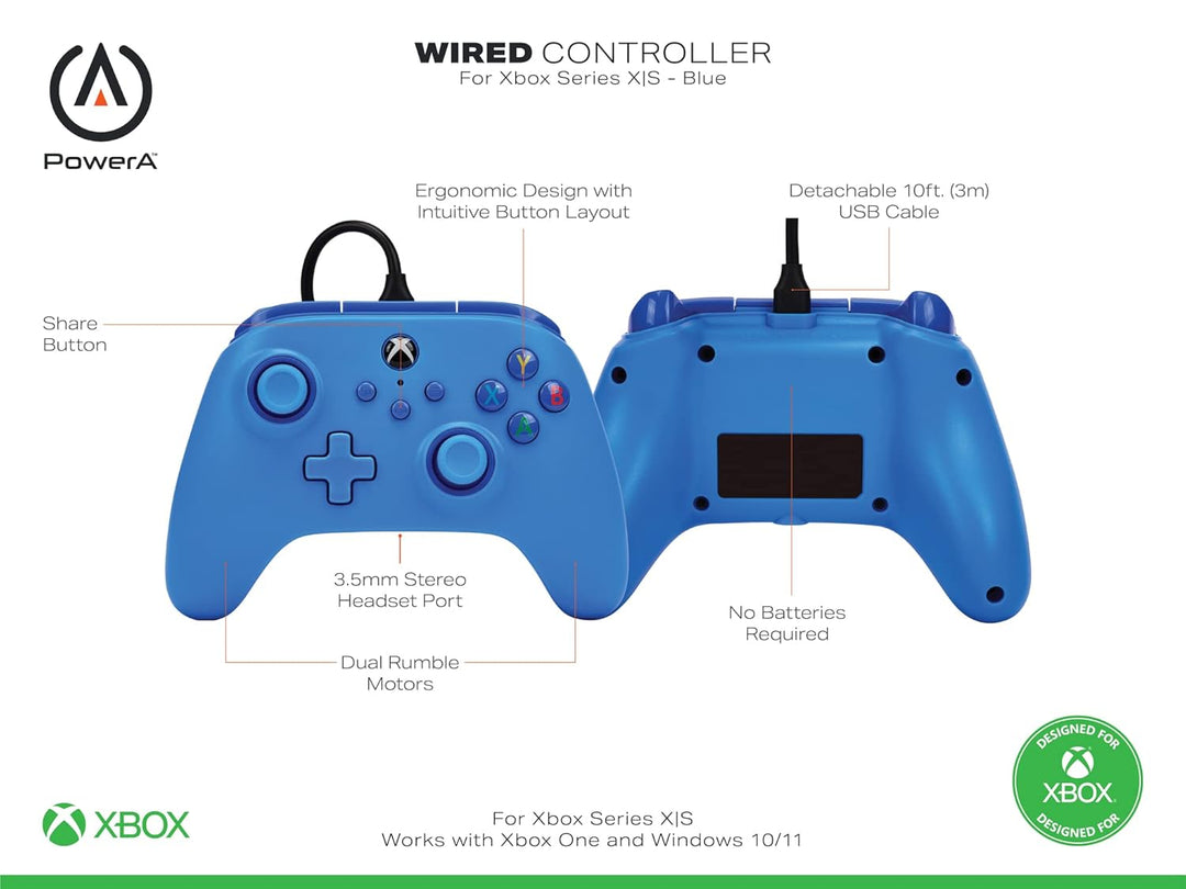 Kabelgebundener PowerA Controller für Xbox Series X|S und Windows 10/11 - Blau, Gamepad, kabelgebund