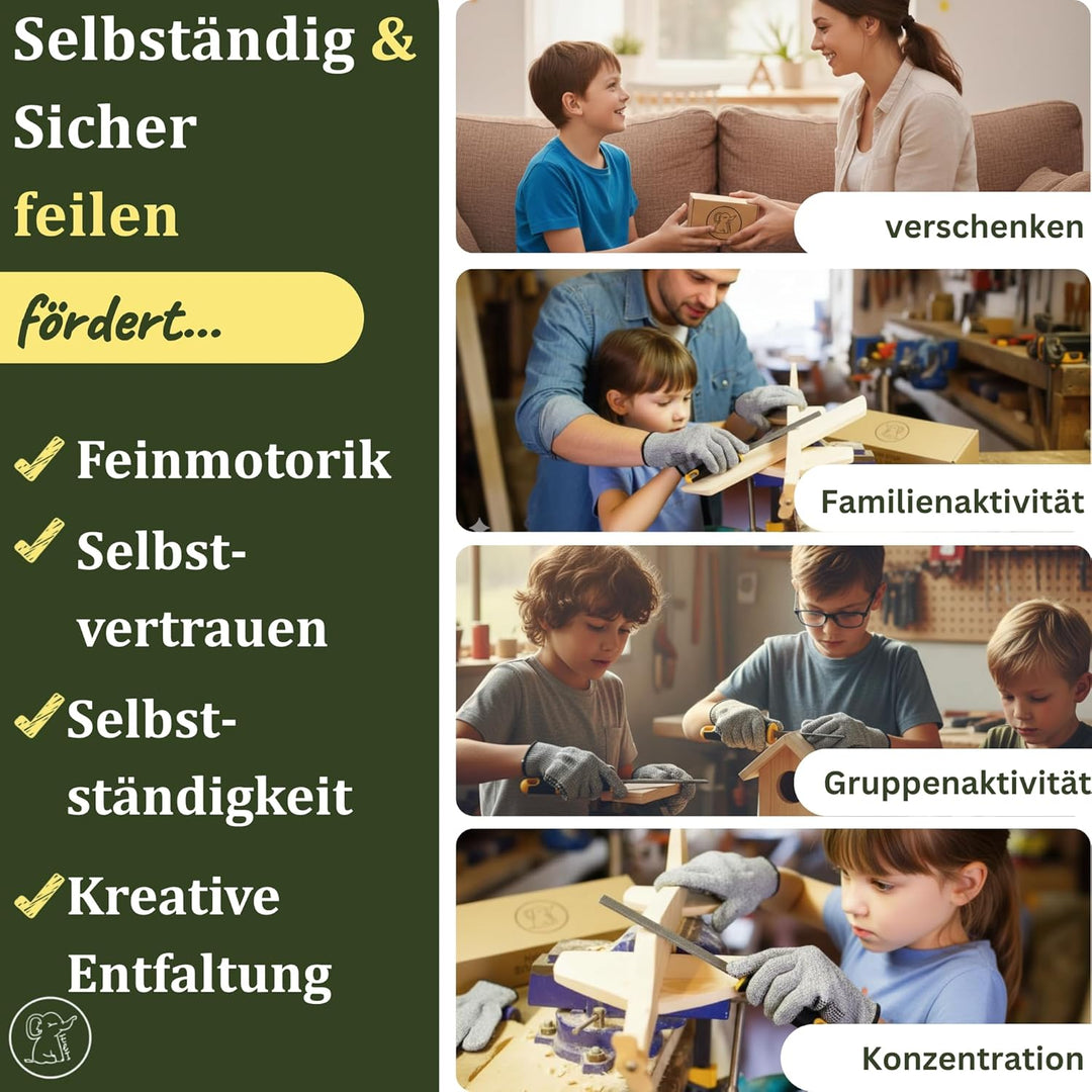 Eli® Werkzeug für Kinder inkl Schutzhandschuhe - Holzraspel - Säge - Hammer - Werkzeuge für Holz - r