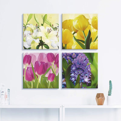 ARTLAND Leinwandbilder auf Holz Wandbild Bild Set 4 teilig je 40x40 cm Quadratisch Natur Blumen Bunt