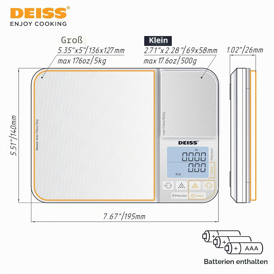 Deiss PRO Digitale Küchenwaage und Lebensmittelwaage mit doppelter Plattform – Kapazität 5 kg und 49