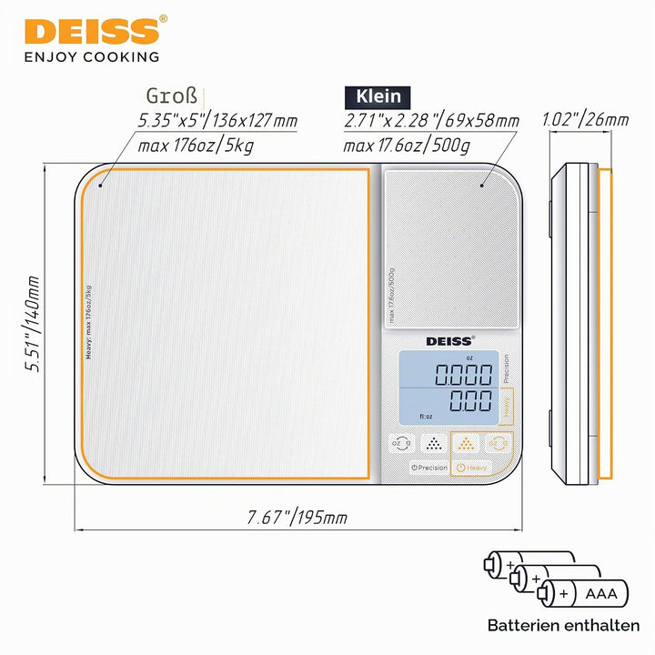 Deiss PRO Digitale Küchenwaage und Lebensmittelwaage mit doppelter Plattform – Kapazität 5 kg und 49