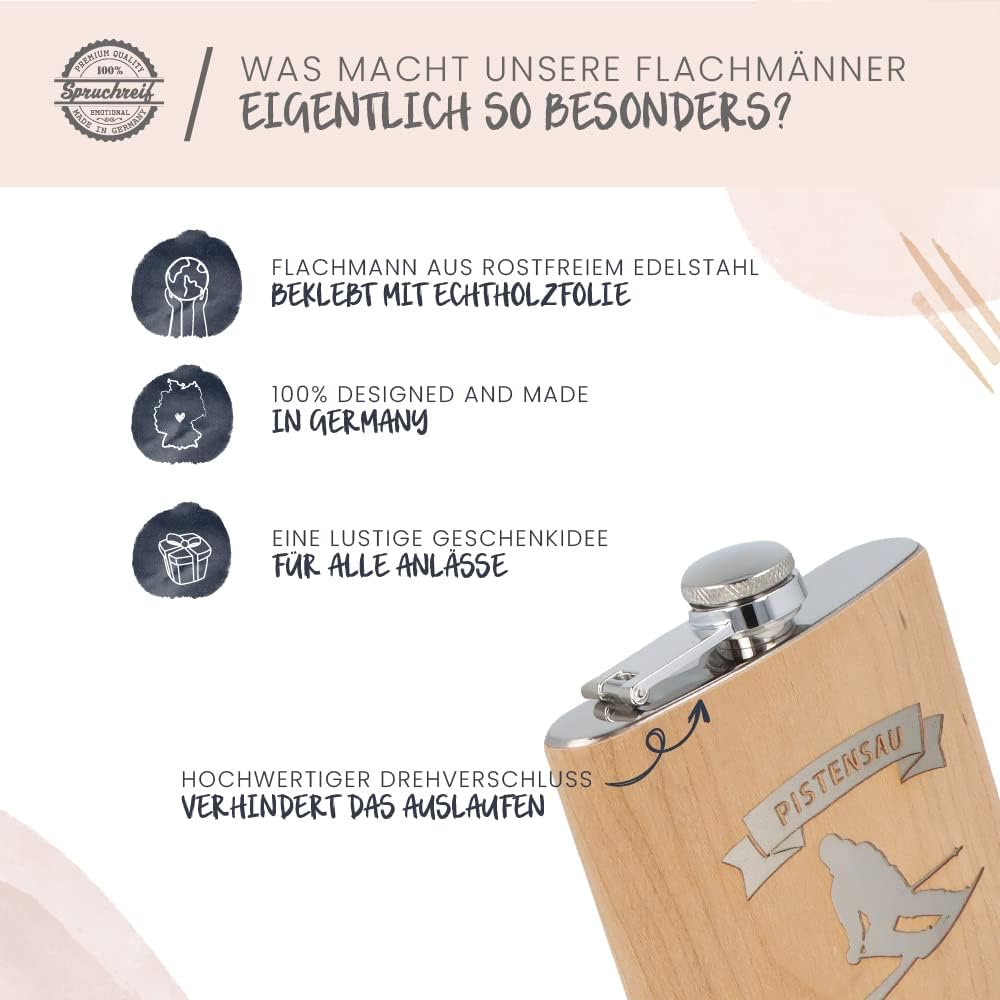 Spruchreif | Flachmann aus Edelstahl mit Gravur „Pistensau“ – Originelles Geschenk für Ski- & Snowbo