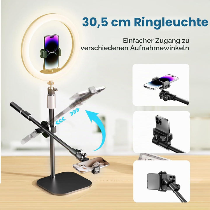 UBeesize 12 Zoll LED Ringlicht mit Stativ Handy, Overhead Stativ Handy mit Ringlicht, Dimmbare LED T