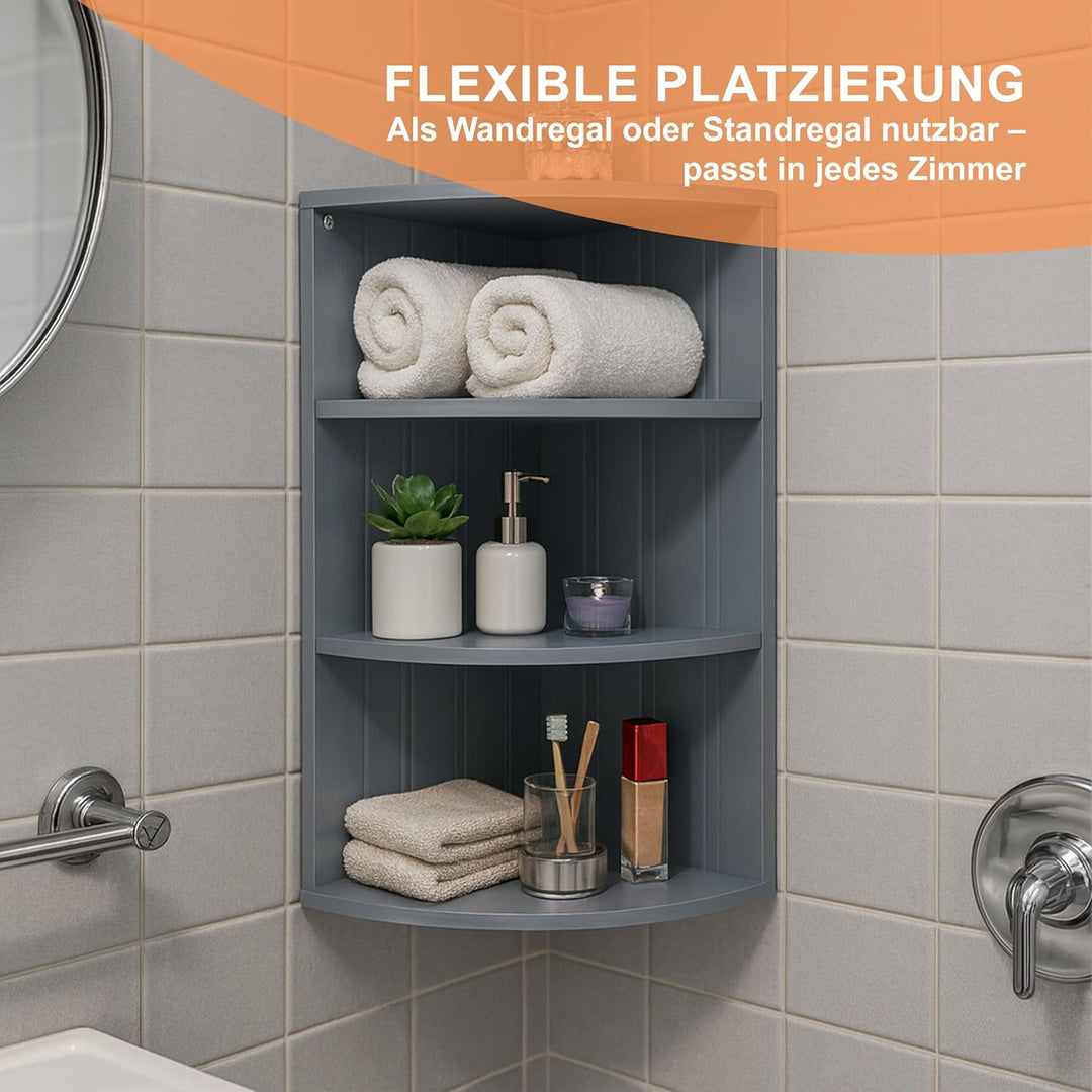 Relaxdays Eckregal, 3 Ablagen, MDF, grau | Badregal, Küchenregal, hängend oder stehend, platzsparend