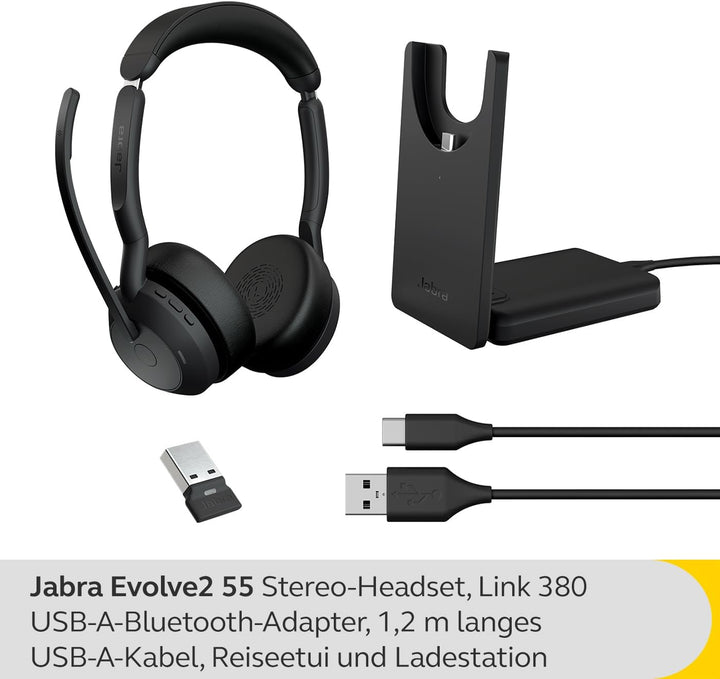 Jabra Evolve2 55 - schnurloses Stereo-Headset mit Ladestation und Jabra Air Comfort - Mikrofone mit