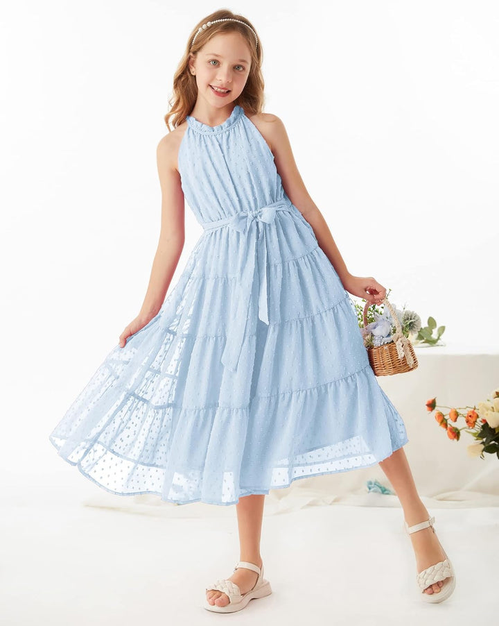 GRACE KARIN Mädchen Prinzessin Kleider Neckholder Swiss Dot Kleid A-Linie Maxikleid Casual Party Fes